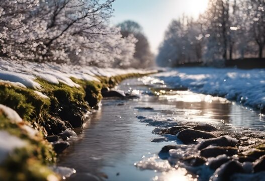 a river in winter near trees and snow covered ground with sunlight