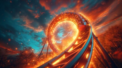 an amusement coaster train rides through an orange glow and clouds - obrazy, fototapety, plakaty