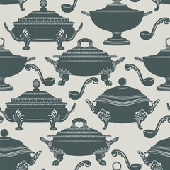 .Various tureens and ladles. Seamless monochrome pattern. Vector illustration.