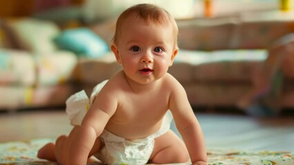 Cute innocent newborn baby crawls in diaper. Sweet child smile. Happy carefree childhood. Young adorable infant. Little beautiful toddler. Lovely kid. Comfort, hygiene, change diaper ad concept.