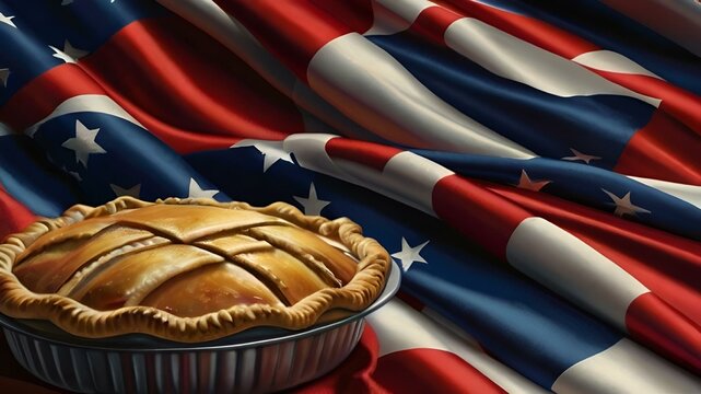 AI generated illustration of an apple pie with American flag and stars in the background