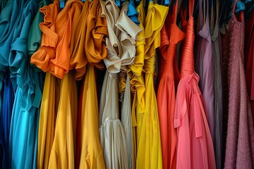 A rack of colorful garments, dresses 