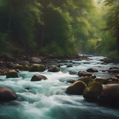 AI generated illustration of flowing green water over rocks near trees