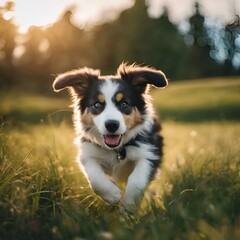 AI generated illustration of a playful puppy frolics in the sunlit grass, tongue out