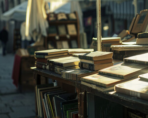 AI-generated illustration of piles of old books on a table at an open-air flea market