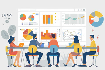 Business team collaboration meeting with infographic data presentation on projector screen dashboard, flat vector concept illustration of teamwork, training and analysis of company performance metrics