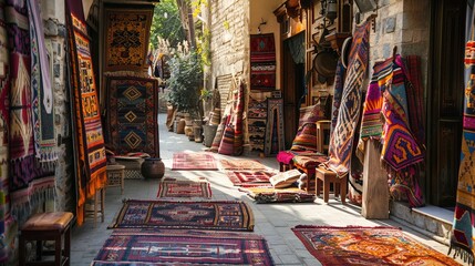 Colorful handmade carpets displayed at a street market in Morocco, within the old Tbilisi bazaar - obrazy, fototapety, plakaty