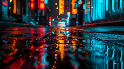 AI generated illustration of city street with rainy lights reflected in a puddle