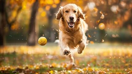 AI generated illustration of a golden retriever playing fetch in fall foliage