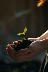 a person's hands are holding a small plant in dirt