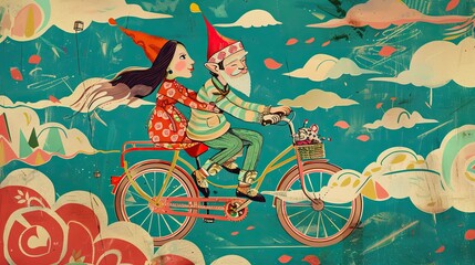 a couple is riding a bicycle with some art on it