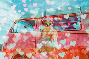 the girl is sitting in the front of a red van with hearts