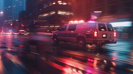 Fast-paced movement capture of an ambulance racing to an urgent situation. - obrazy, fototapety, plakaty