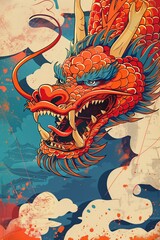 an oriental dragon is coming out of its mouth with the moon in the background