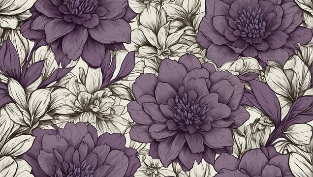 Wallpaper, fabric style drawing of purple flowers