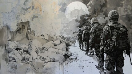 AI generated illustration of  a group of soldiers advancing through a shattered city - obrazy, fototapety, plakaty