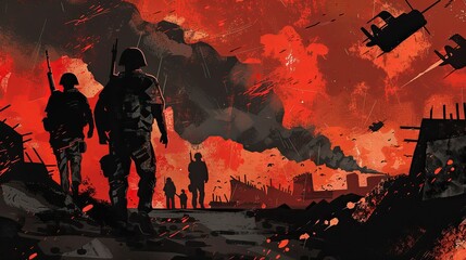 AI i llustration of a world ravaged by war, silhouetted soldiers tread through the ruins - obrazy, fototapety, plakaty