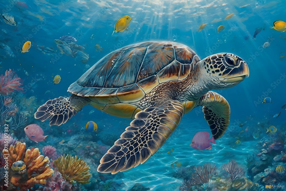 Wall mural AI generated illustration of a sea turtle gliding through an ocean