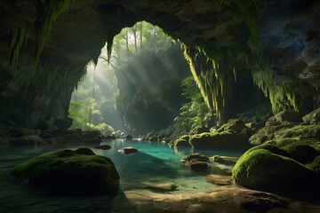AI generated illustration of a sunlight filtering into the deep blue waters of a cave - obrazy, fototapety, plakaty