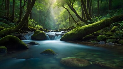 AI generated illustration of a stream flowing through a forest, flanked by moss-covered rocks