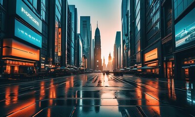 AI generated illustration of city streets glisten in the rain, creating a reflective spectacle - obrazy, fototapety, plakaty