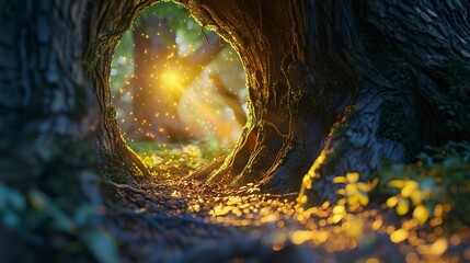 Magical portal in tree trunk, close-up, low angle, blurred forest, twilight, realm entrance  - obrazy, fototapety, plakaty