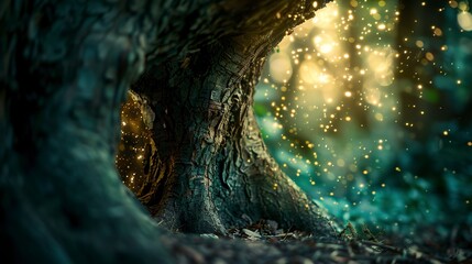Magical portal in tree trunk, close-up, low angle, blurred forest, twilight, realm entrance 