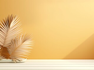 Gold background with palm leaf shadow and white wooden table for product display, summer concept. Vector illustration