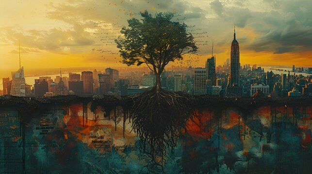 AI generated illustration of a lone tree standing in a city near a tranquil lake