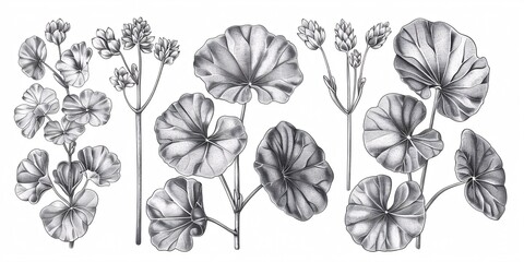 A collection of hand-drawn black and white sketches featuring the Centella asiatica plant, perfect for use in graphic design projects. - obrazy, fototapety, plakaty