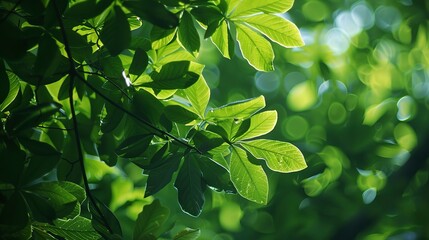 Lush green leaves, vibrant forest canopy, close-up, eye-level, rich afternoon glow - obrazy, fototapety, plakaty