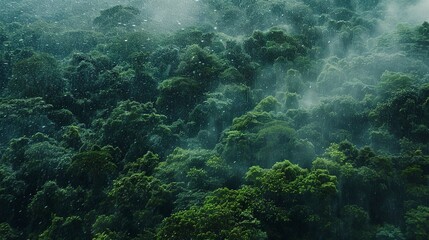 Misty raindrops on canopy, dense forest, close-up, high-angle, serene rainfall ambiance  - obrazy, fototapety, plakaty