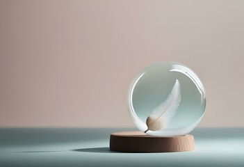 a glass sphere with a feather inside on a wooden stand - obrazy, fototapety, plakaty