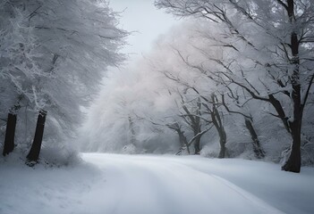 a white forest filled with snow covered trees and path on a foggy day