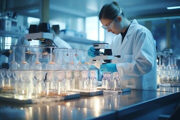 Female scientist working in a laboratory. She is carrying out scientific research.