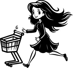 Urban Fashionista Shopping Cart Vector Chic Cart Connoisseur Woman with Shopping Trolley Emblem