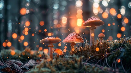 Mystical mushrooms, forest floor, close-up, straight-on angle, enchanted bokeh, twilight leaks  - obrazy, fototapety, plakaty