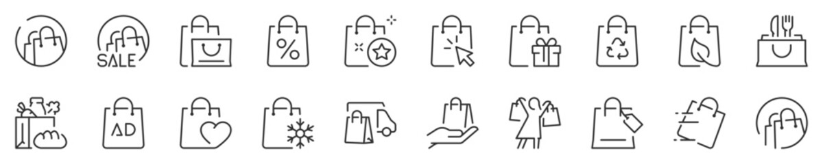 Line icons set about shopping bags. Contains such icons as sale, eco, click and collect, grocery and more. Editable vector stroke. 512x512 Pixel Perfect in transparent background.