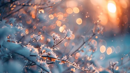 Frosty branches, winter forest bokeh, close-up, ground-level shot, icy light leaks, dawn's embrace 