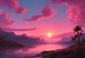 pink sunset, with the sun in the background and mountains in the background