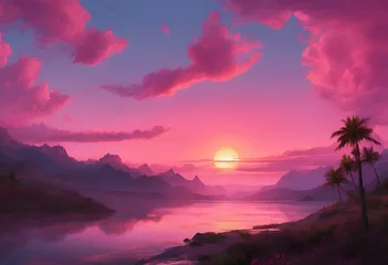 Foto op Canvas pink sunset, with the sun in the background and mountains in the background © Wirestock