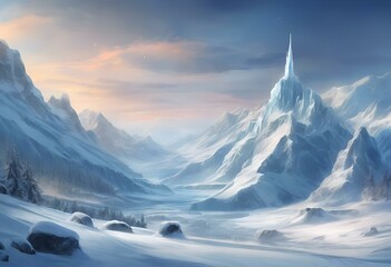 the snowy mountains of an imaginary fantasy world are shown in this picture