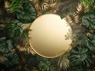 Gold frame background, tropical leaves and plants around the gold rectangle in the middle of the photo with space for text