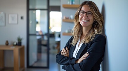 A cheerful and self-assured female executive standing against wall in workplace with arms folded.
