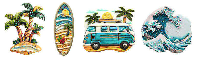 Refrigerator magnets decoration set. Surf, Beach, vacation, tropical life set
