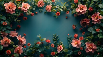 Colorful blooms and lush greenery arranged on a tranquil turquoise background, captured in realistic high resolution, their radiant colors and graceful forms illuminated with cinematic precision.