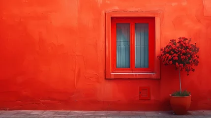 Foto op Plexiglas Tree by orange building with red shutters, AI-generated. © Wirestock