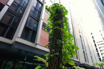 Green Devil's ivy plant leaves climbing on wooden pole with modern office buildings in background