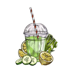 Vector green smoothie with lemon and cucumber on isolated background.