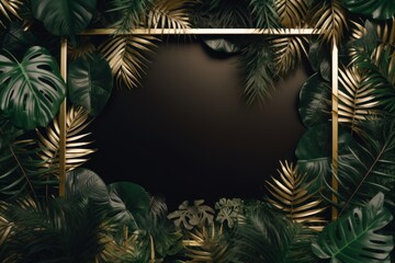 Fototapeta na wymiar Gold frame background, tropical leaves and plants around the gold rectangle in the middle of the photo with space for text